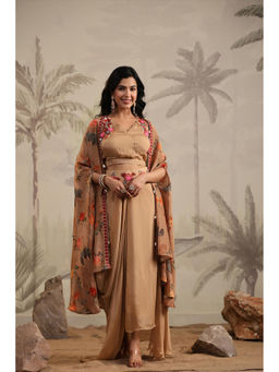 Scakhi - Taupe Chinon Silk Floral Print & Embroidered Co-Ord (Set of 3)