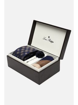 Louis Philippe - Men Navy Blue Embroidered Tie with Pocket Square and Lapel Pin