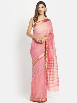 Fabindia - Pink Cotton Silk Maheshwari Woven Saree without Blouse