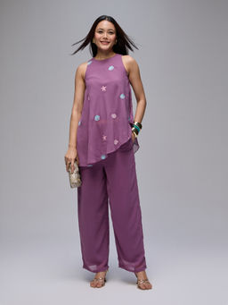 Gajra Gang - Purple Georgette Shell Embroidered Asymmetric Kurta & Pant Seamance (Set of 2)