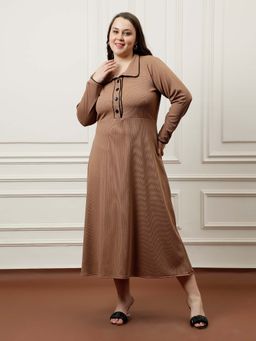 AAREIN - Women Brown Solid A-Line Ribbed Dress
