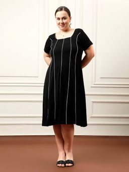 AAREIN - Women Black Solid A-Line Dress with Contrast Piping Details
