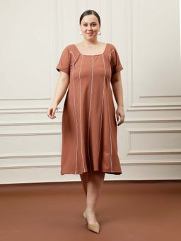 AAREIN - Women Brown Solid A-Line Dress with Contrast Piping Details