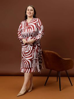 AAREIN - Women Brown V-Neck Printed Satin Midi Dress