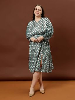 AAREIN - Women Green V-Neck Printed Satin Midi Dress