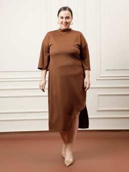 AAREIN - Women Brown High Neck Asymmetrical Drop Shoulder Rib Dress