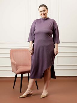 AAREIN - Women Purple High Neck Asymmetrical Drop Shoulder Rib Dress
