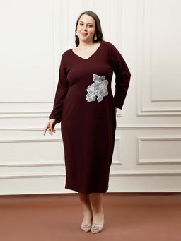 AAREIN - Women Burgundy V-Neck Embellished Bodycon Dress
