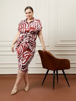 AAREIN - Women Brown White Satin Pleated Dress