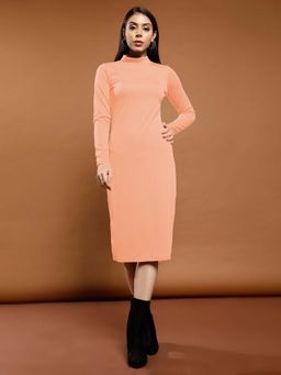 AAREIN - Women Orange Solid Ribbed Bodycon Dress