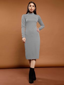 AAREIN - Women Grey Solid Ribbed Bodycon Dress