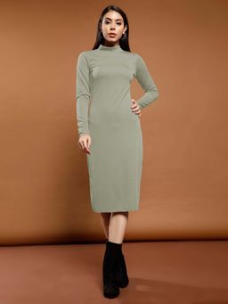 AAREIN - Women Light Green Solid Ribbed Bodycon Dress