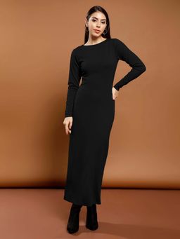 AAREIN - Women Black Solid Maxi Length Bodycon Fit Ribbed Dress