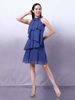 AAREIN - Women Blue Halter Neck Frill Dress