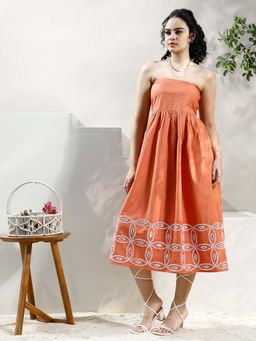 AAREIN - Women Rust Embroidered Cotton Dress