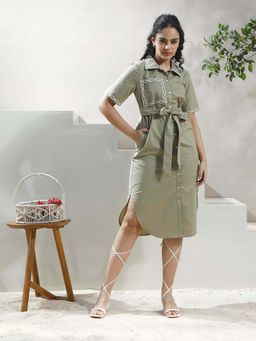 AAREIN - Women Olive Embroidered Shirt Dress