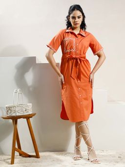 AAREIN - Women Rust Embroidered Shirt Dress