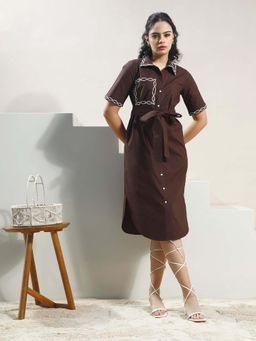 AAREIN - Women Brown Embroidered Shirt Dress