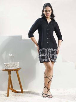 AAREIN - Women Black Embroidered Shirt Dress