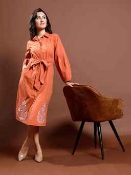 AAREIN - Women Rust Embroidered Puff Sleeves Shirt Midi Dress