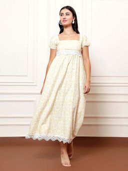 AAREIN - Women Yellow-White Lace Midi Dress