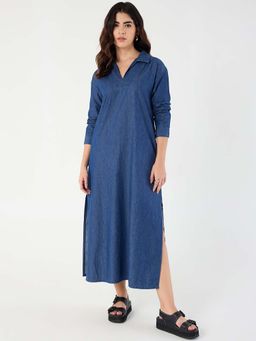 Femmella - Navy Blue Slit Detail Denim Maxi Dress