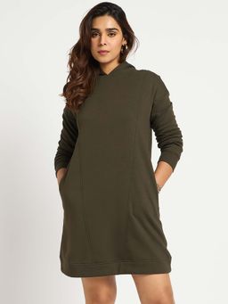 Femmella - Olive Fleece Hooded Sweatshirt Dress