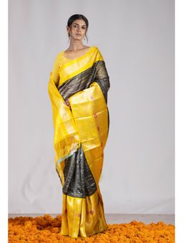 Unnati Silks - Dark Grey Yellow Pure Handloom Assam Silk Saree with Unstitched Blouse