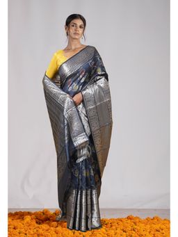 Unnati Silks - Dark Grey Pure Handloom Assam Silk Saree with Unstitched Blouse