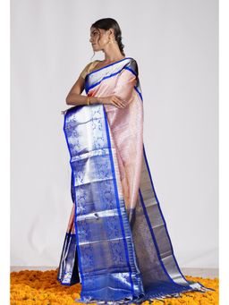 Unnati Silks - Pink Dark Blue Pure Handloom Assam Silk Saree with Unstitched Blouse