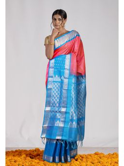 Unnati Silks - Pink Blue Pure Handloom Assam Silk Saree with Unstitched Blouse