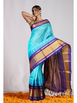 Unnati Silks - Blue Pure Handloom Assam Silk Saree with Unstitched Blouse