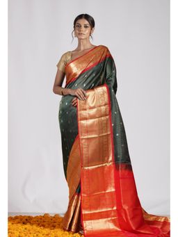 Unnati Silks - Dark Green Pure Handloom Assam Silk Saree with Unstitched Blouse