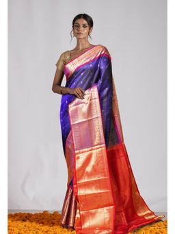 Unnati Silks - Navy Blue Pure Handloom Assam Silk Saree with Unstitched Blouse