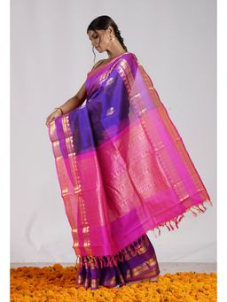 Unnati Silks - Navy Blue Pure Handloom Assam Silk Saree with Unstitched Blouse