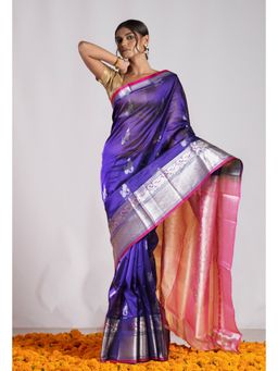 Unnati Silks - Navy Blue Pure Handloom Fancy Assam Silk Saree with Unstitched Blouse