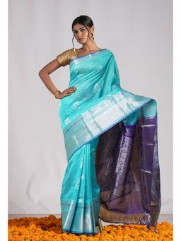 Unnati Silks - Blue Pure Handloom Fancy Assam Silk Saree with Unstitched Blouse