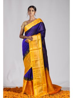 Unnati Silks - Navy Blue Pure Handloom Assam Silk Saree with Unstitched Blouse