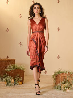 S&N by Shantnu Nikhil - Womens Silk Printed Rust Dress