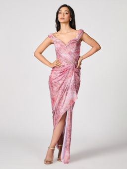 S&N by Shantnu Nikhil - Womens Jersey Floral Pink Gown