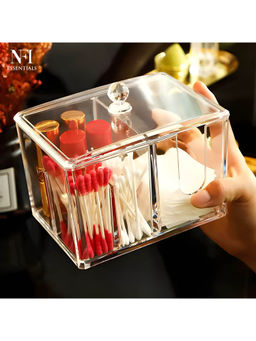 NFI Essentials - Acrylic Cotton Pad Cosmetic Storage Box with Lid Multipurpose Organizer