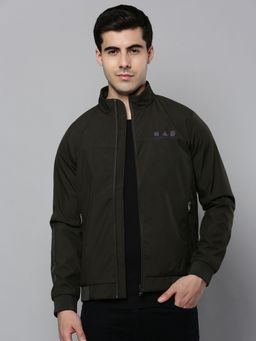 SHOWOFFFF - Mens Stand Collar Olive Solid Open Front Jacket