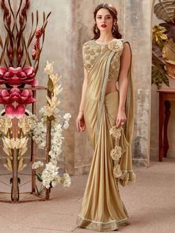 Odette - Beige Lycra Designer Saree with Unstitched Blouse