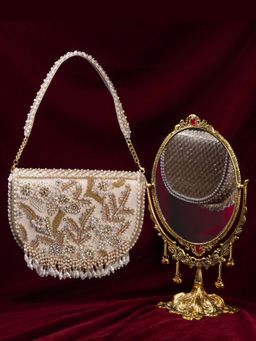 BE CHIC - Vintage Floral Semi Circle Clutch Ivory Bag