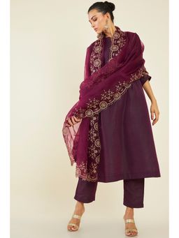 Soch - Women Maroon Silk Solid/plain Suit (Set of 3)
