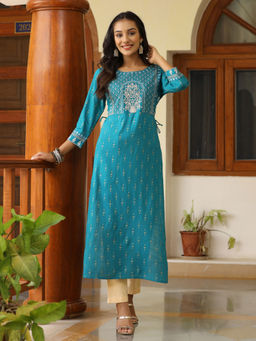 Jaipur Kurti - Teal Embroidered Gold Khadi Print Kurta with Cotton Beige Pants (Set of 2)
