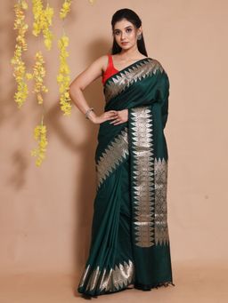 CHARUKRITI - Bottle Green Silk Handwoven Zari Woven Designs & Patterns Saree with Unstitched Blouse