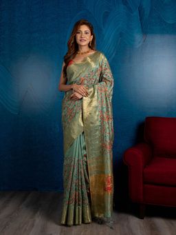 Beatitude - Green Embroidered Zari Silk Blend Saree with Unstitched Blouse