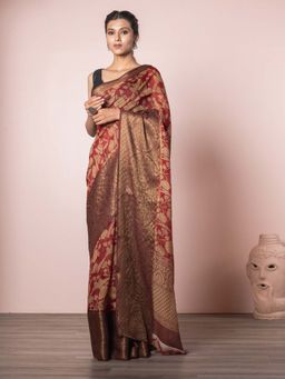 EXCLUSIVA - Red Soft Printed Silk Linen Saree with Unstitched Blouse