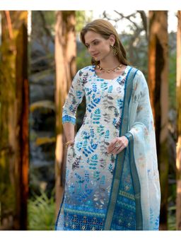 MOJILAA - Women Cream Cotton Floral and Leaf Straight Kurta with Pant & Dupatta (Set of 3)